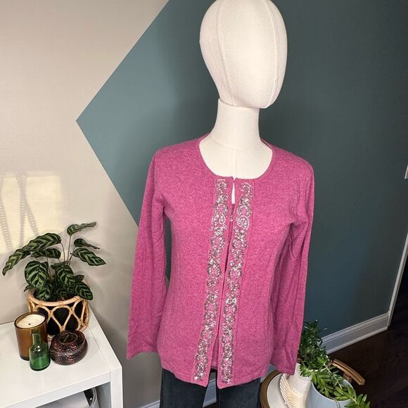 Guy Laroche Vintage Beaded Sweater Set Lambswool Angora Cashmere Purple Knit 40 - Picture 1 of 16